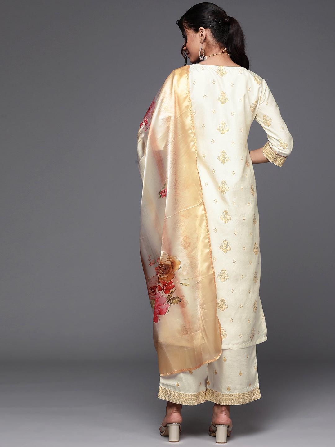 Cream Printed Silk Suit Set