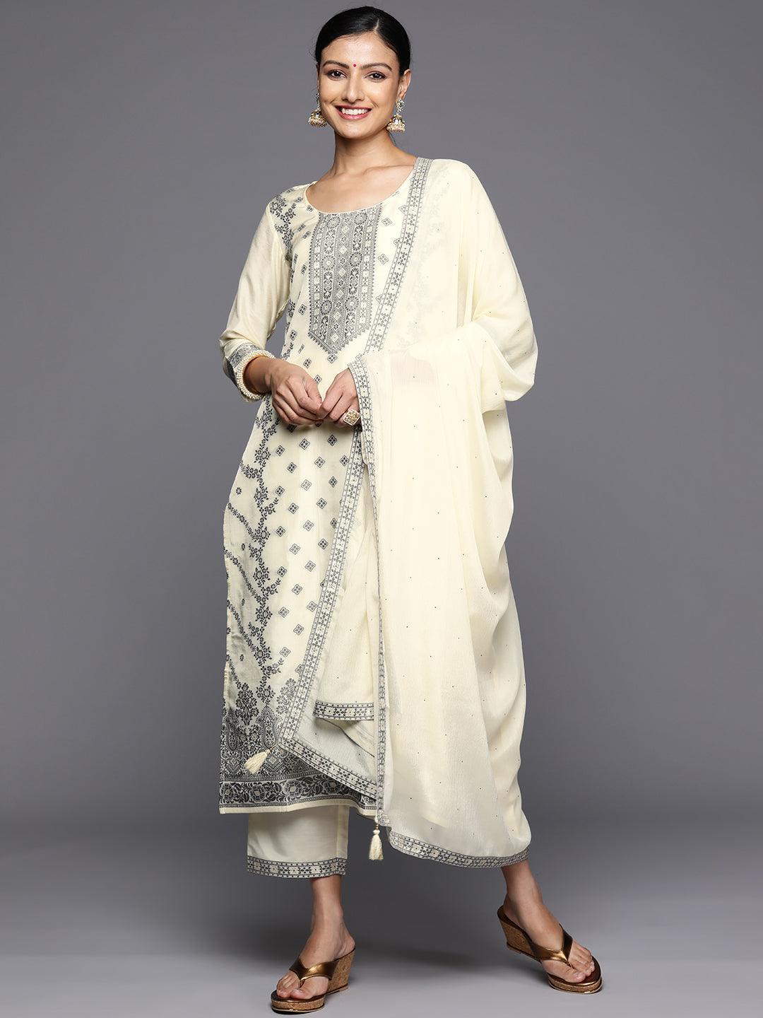 Cream Woven Design Silk Blend Straight Kurta With Trousers & Dupatta