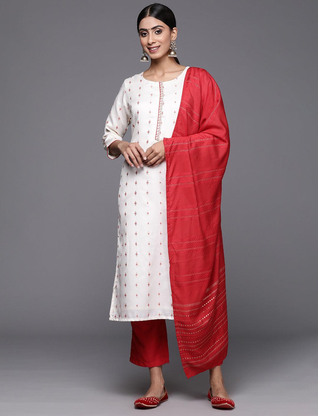 Cream Woven Design Silk Blend Straight Kurta With Trousers & Dupatta - Libas