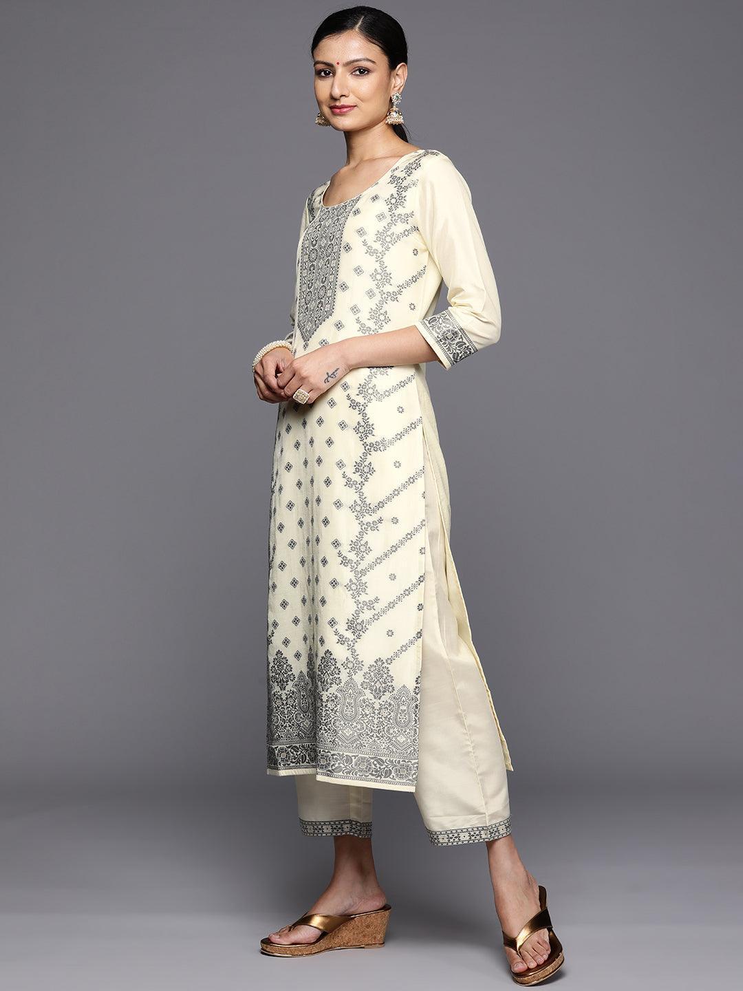 Cream Woven Design Silk Blend Straight Kurta With Trousers & Dupatta