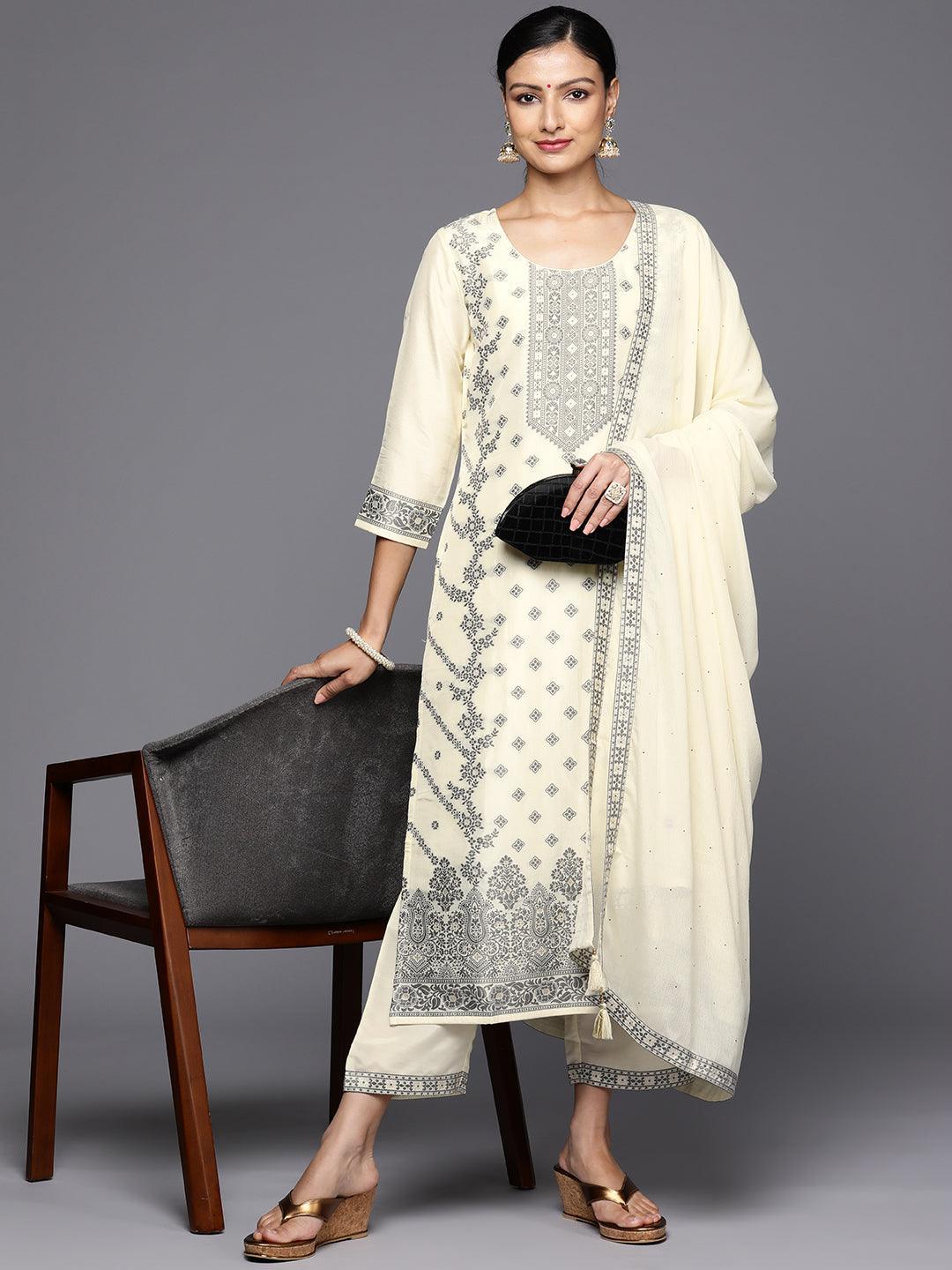 Cream Woven Design Silk Blend Straight Kurta With Trousers & Dupatta