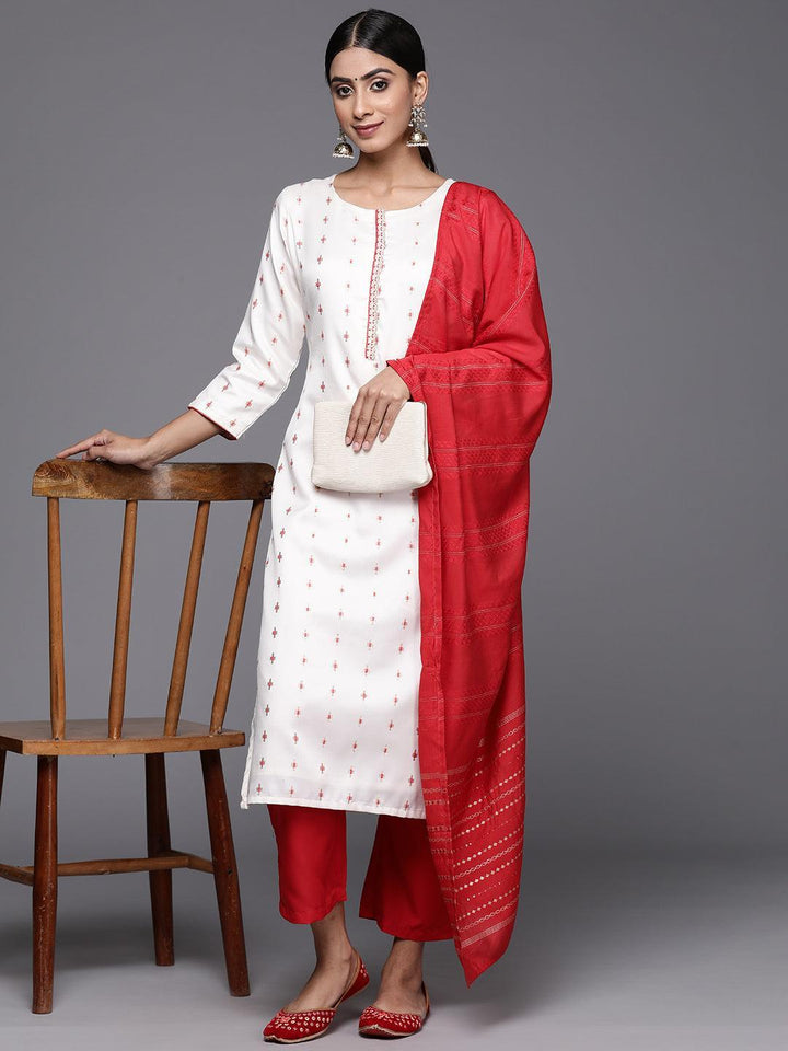 Cream Woven Design Silk Blend Straight Kurta With Trousers & Dupatta - Libas