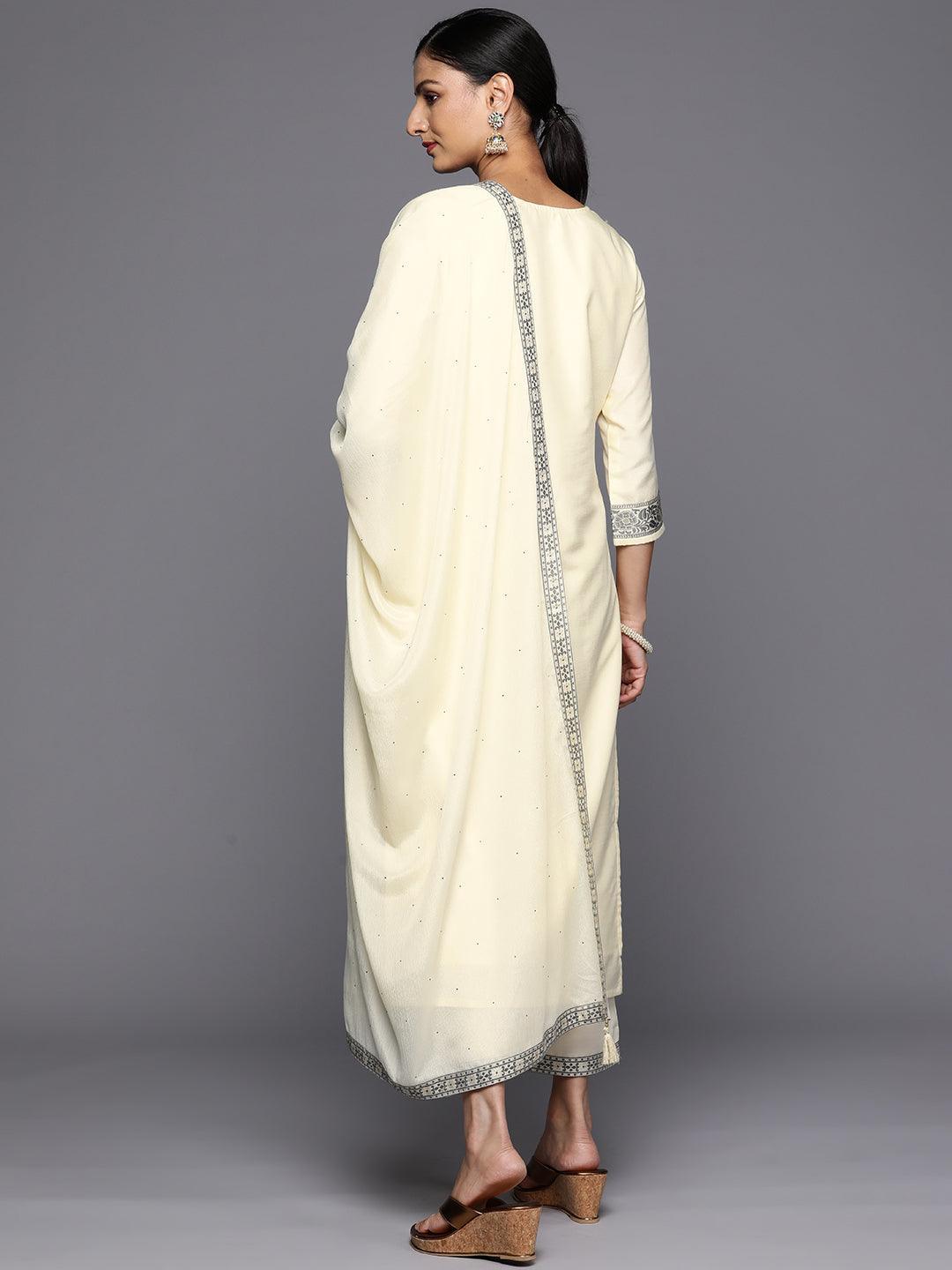 Cream Woven Design Silk Blend Straight Kurta With Trousers & Dupatta