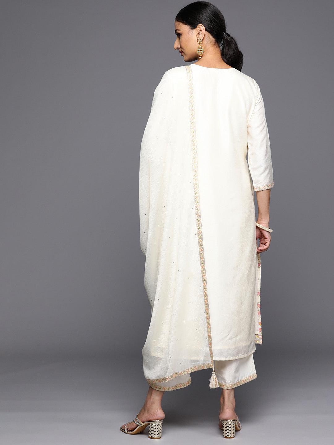 Cream Woven Design Silk Blend Straight Kurta With Trousers & Dupatta - Libas