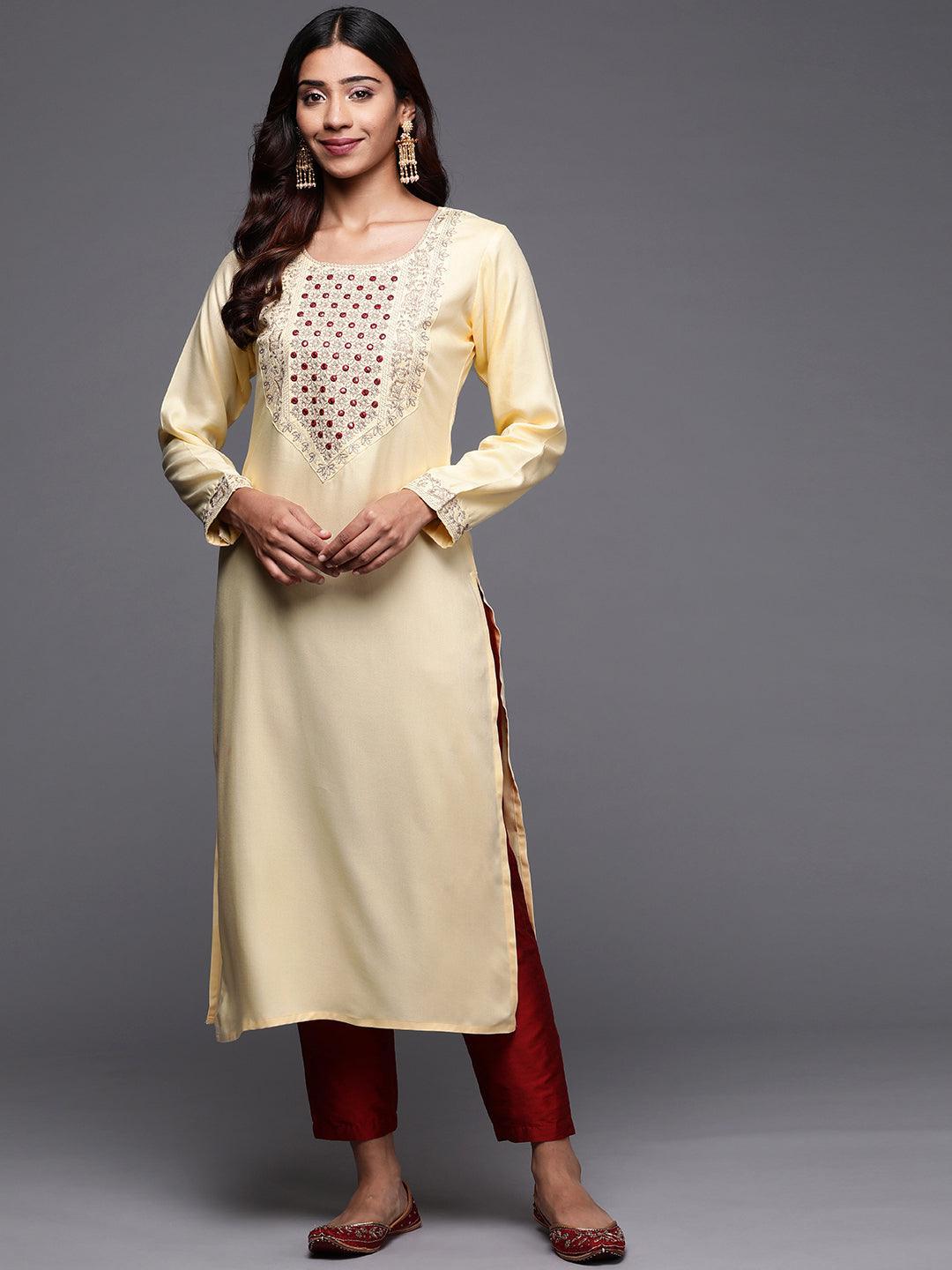 Cream Yoke Design Pashmina Wool Straight Kurta - Libas