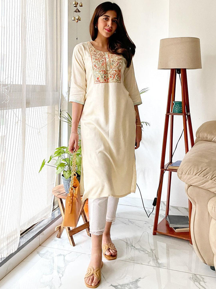 Cream Yoke Design Pashmina Wool Straight Kurta - ShopLibas