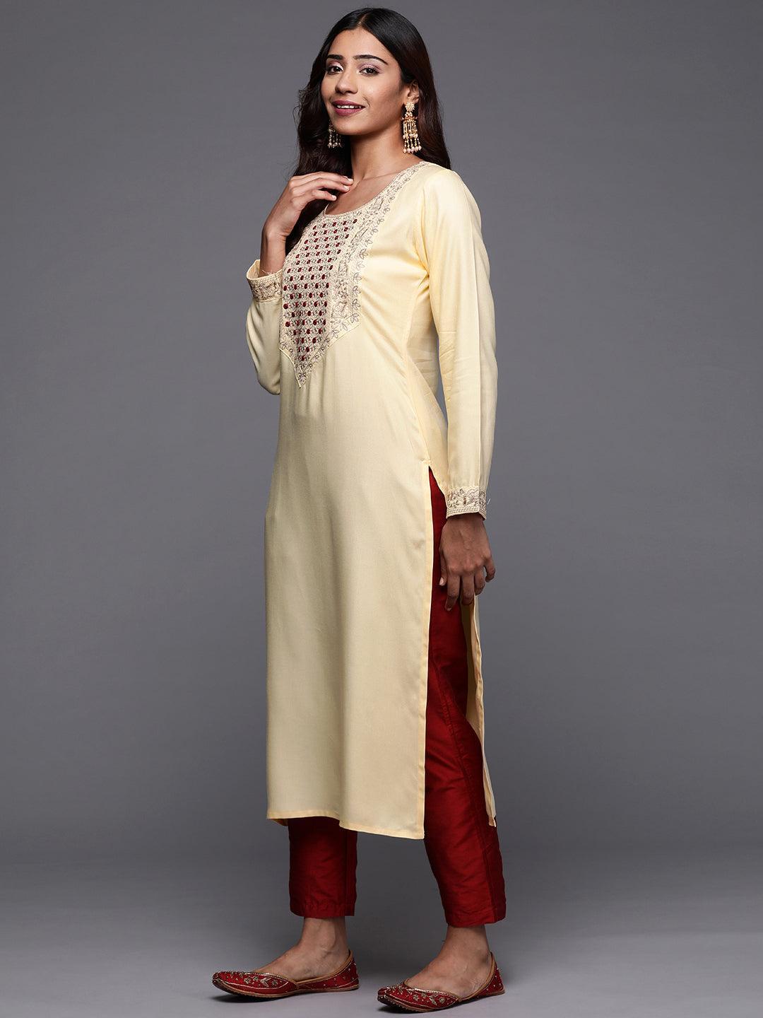 Cream Yoke Design Pashmina Wool Straight Kurta