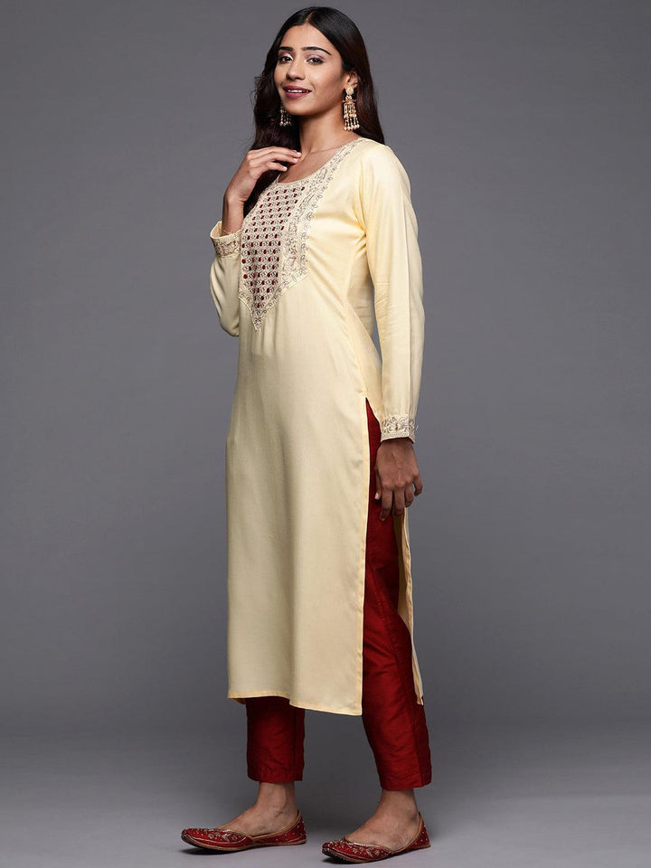 Cream Yoke Design Pashmina Wool Straight Kurta - Libas