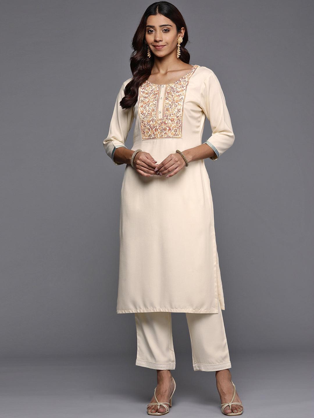 Cream Yoke Design Pashmina Wool Straight Kurta - ShopLibas