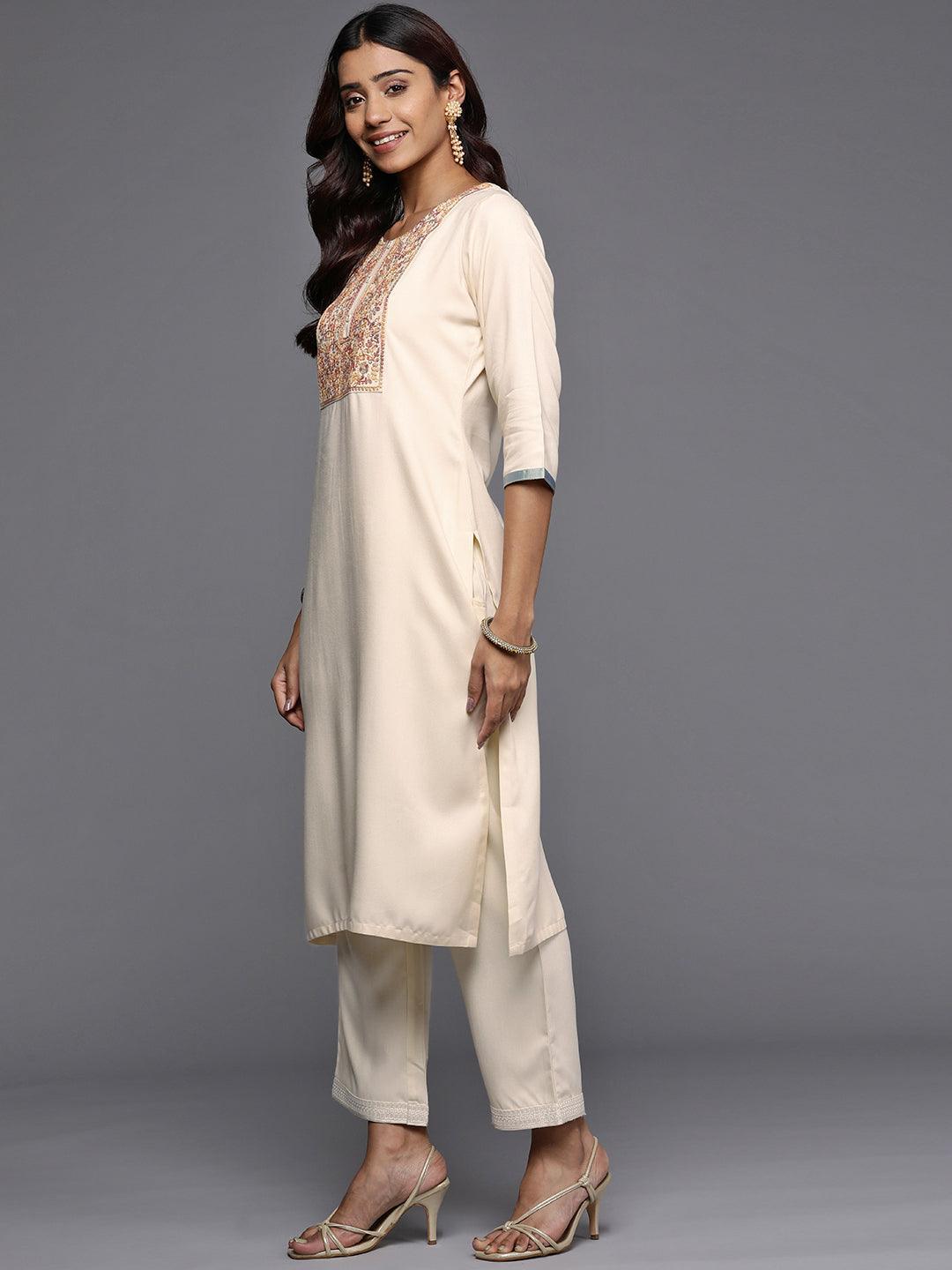 Cream Yoke Design Pashmina Wool Straight Kurta