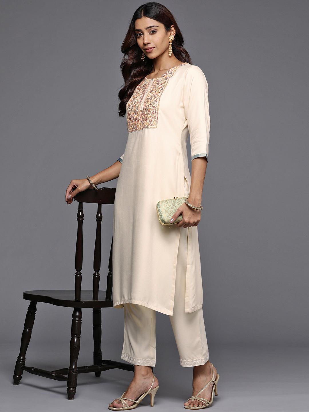 Cream Yoke Design Pashmina Wool Straight Kurta - ShopLibas