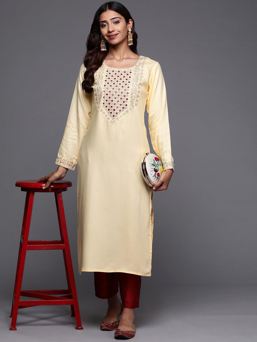 Cream Yoke Design Pashmina Wool Straight Kurta