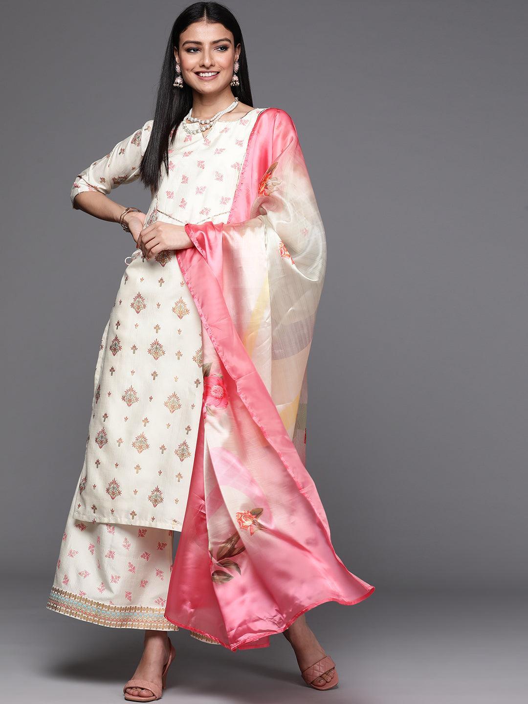 Cream Yoke Design Silk Suit Set