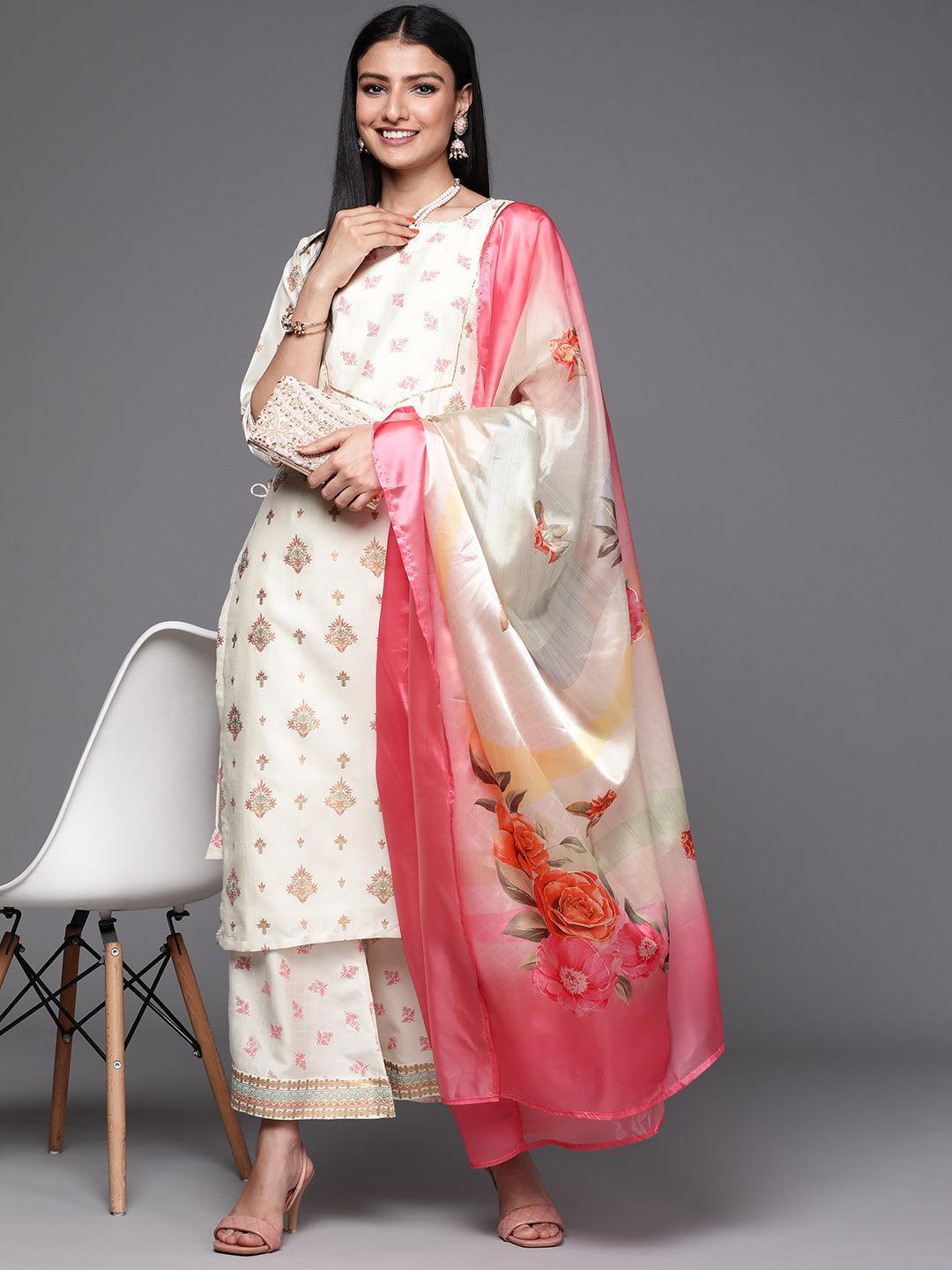 Cream Yoke Design Silk Suit Set - ShopLibas