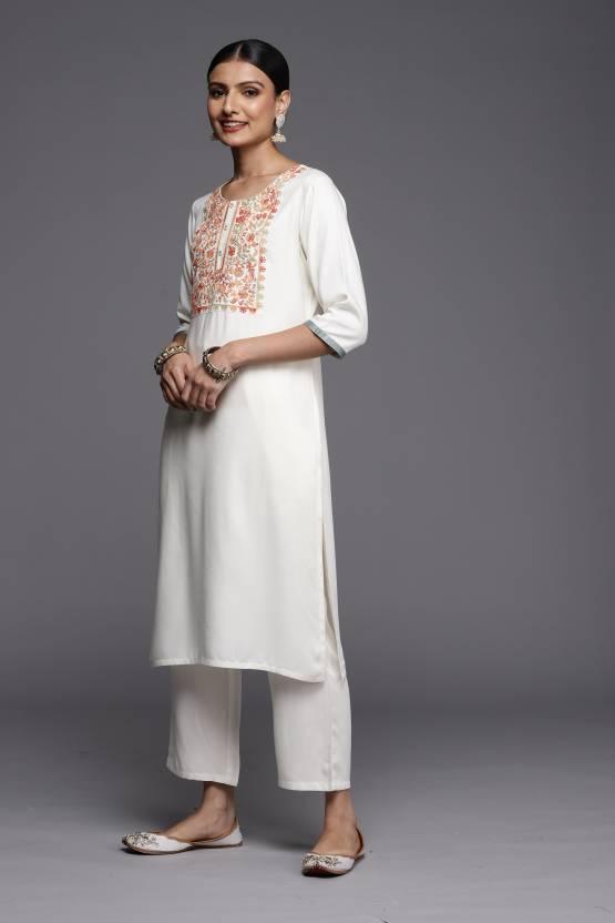 Cream Yoke Design Wool Straight Kurta