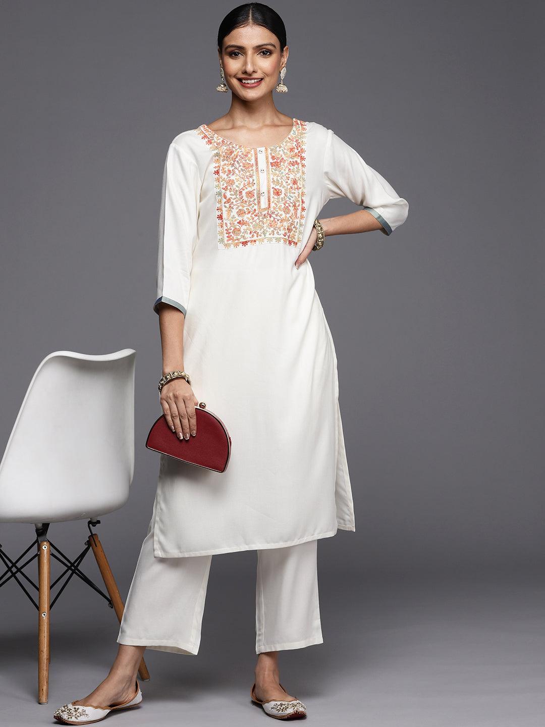 Cream Yoke Design Wool Straight Kurta