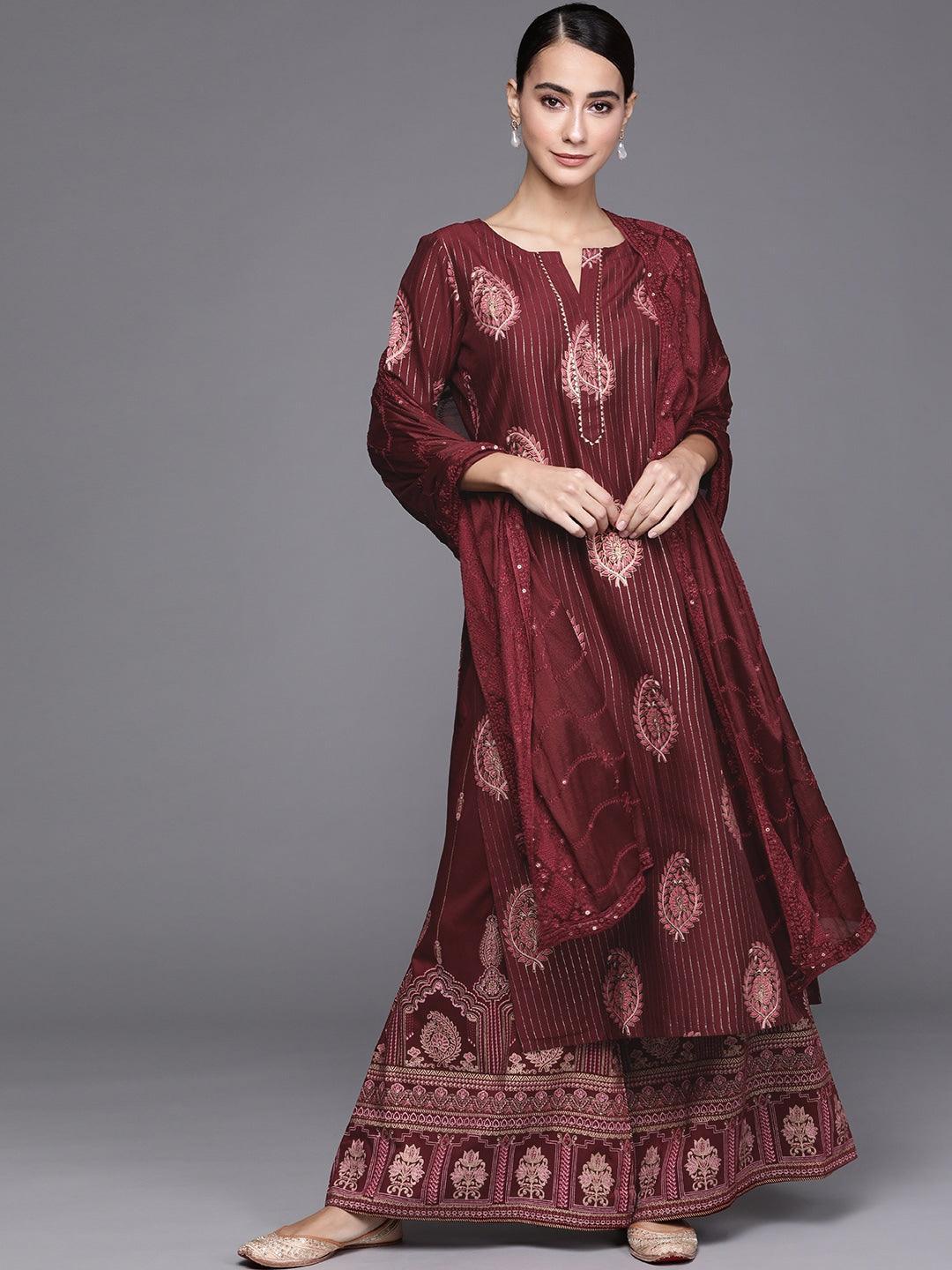 Maroon Self Design Silk Blend Suit Set