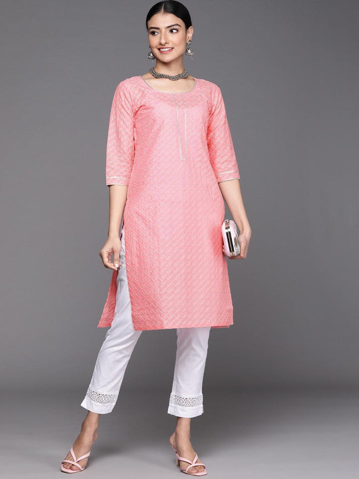 Pink Embroidered Cotton Kurta - ShopLibas