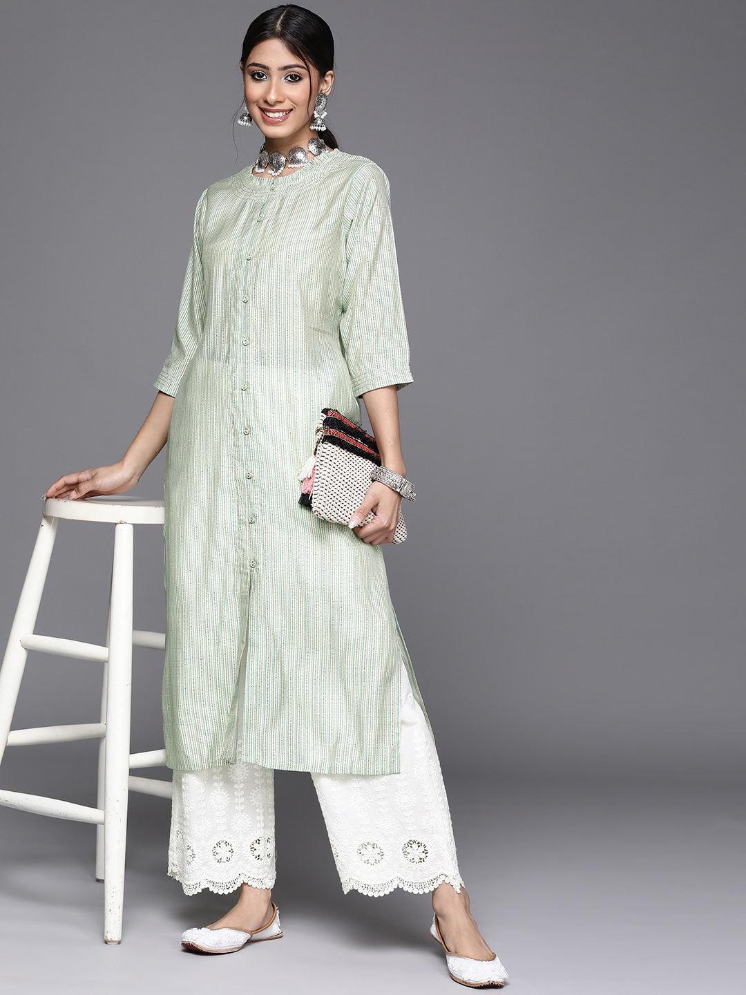 Green Printed Chanderi Silk Kurta - ShopLibas