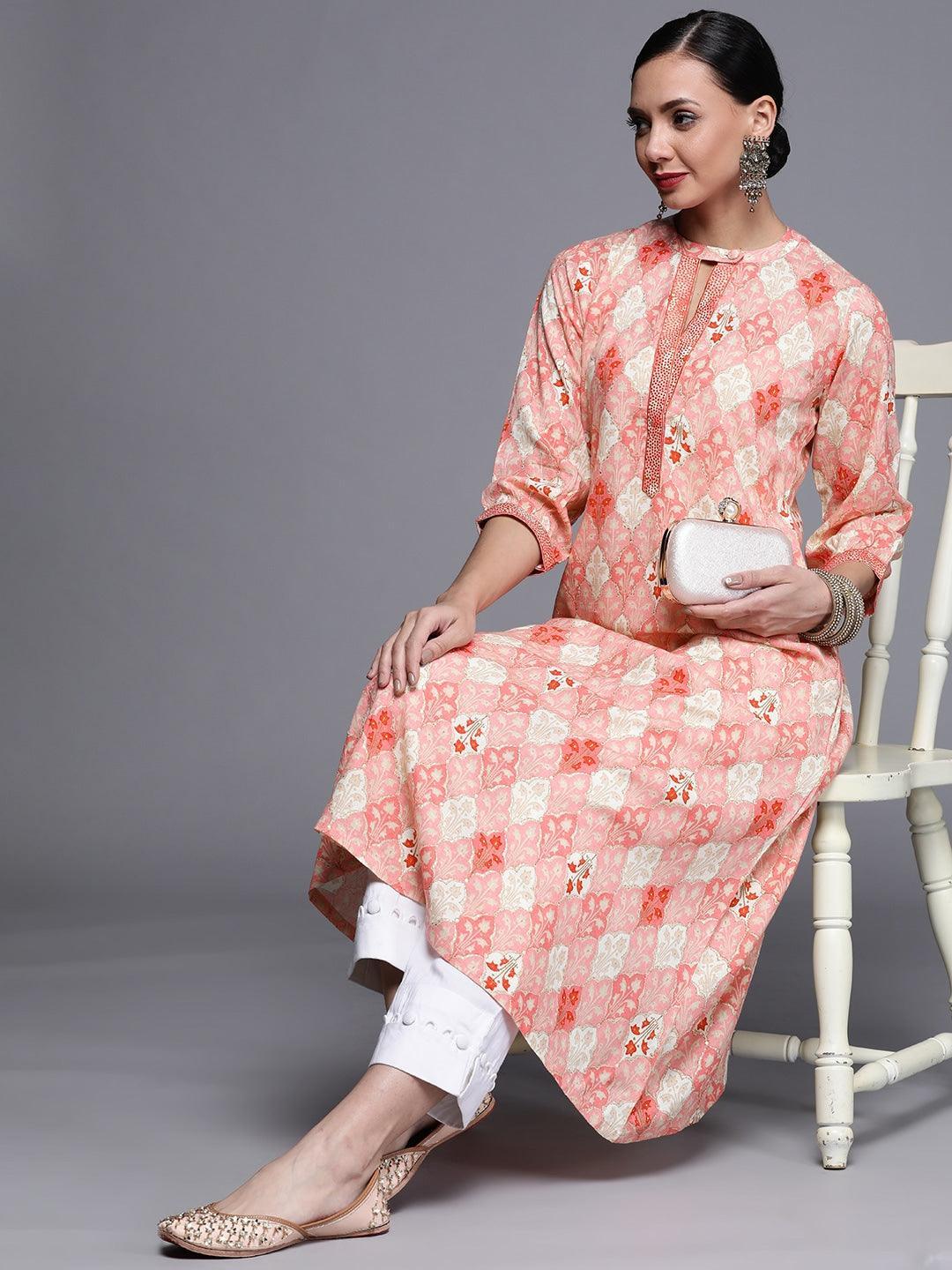 Pink Printed Rayon Kurta