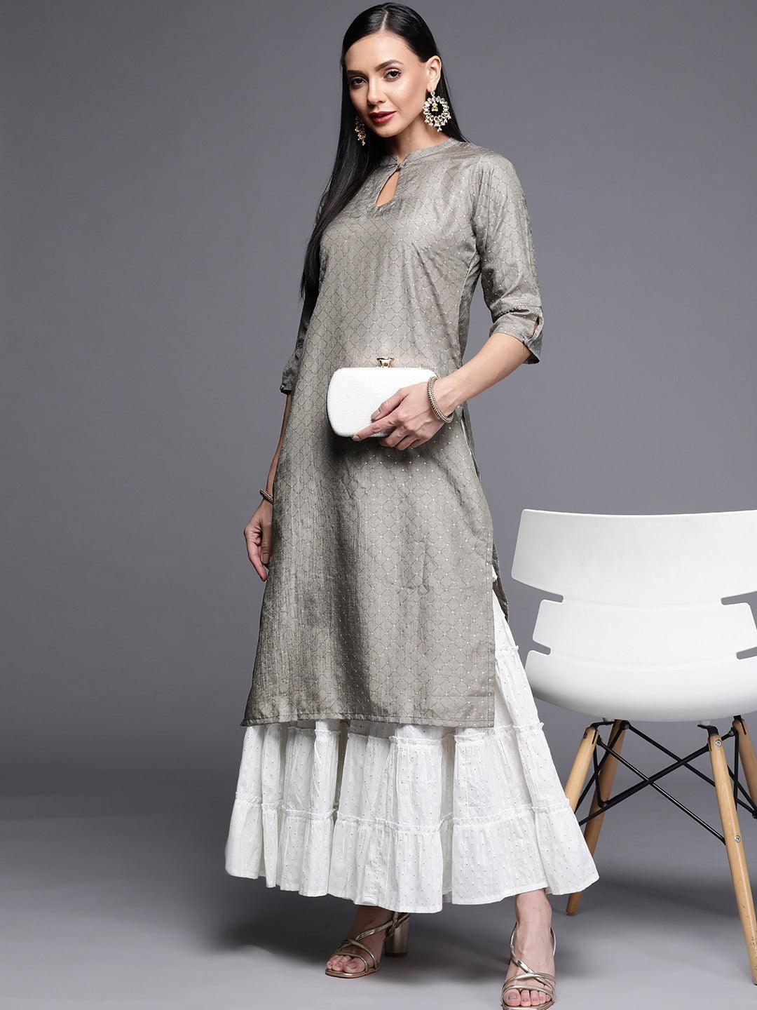 Grey Printed Chanderi Silk Kurta - ShopLibas