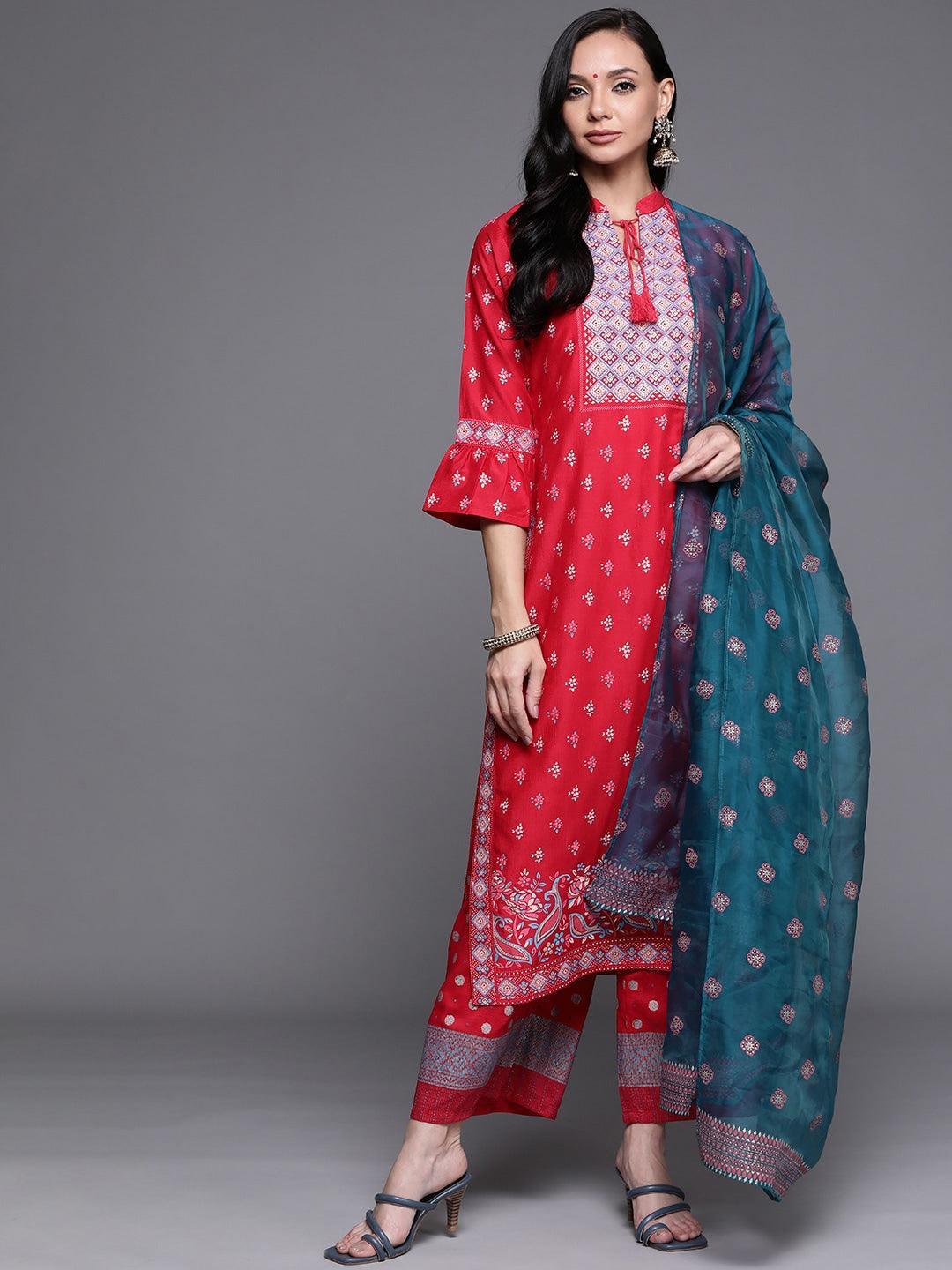 Pink Printed Silk Blend Suit Set - ShopLibas