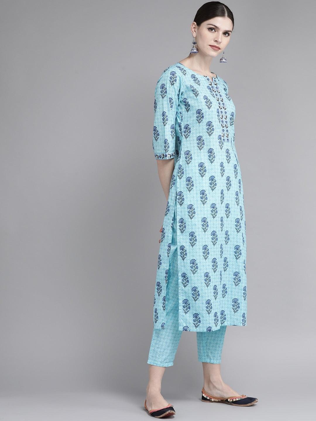 Blue Printed Cotton Kurta Set