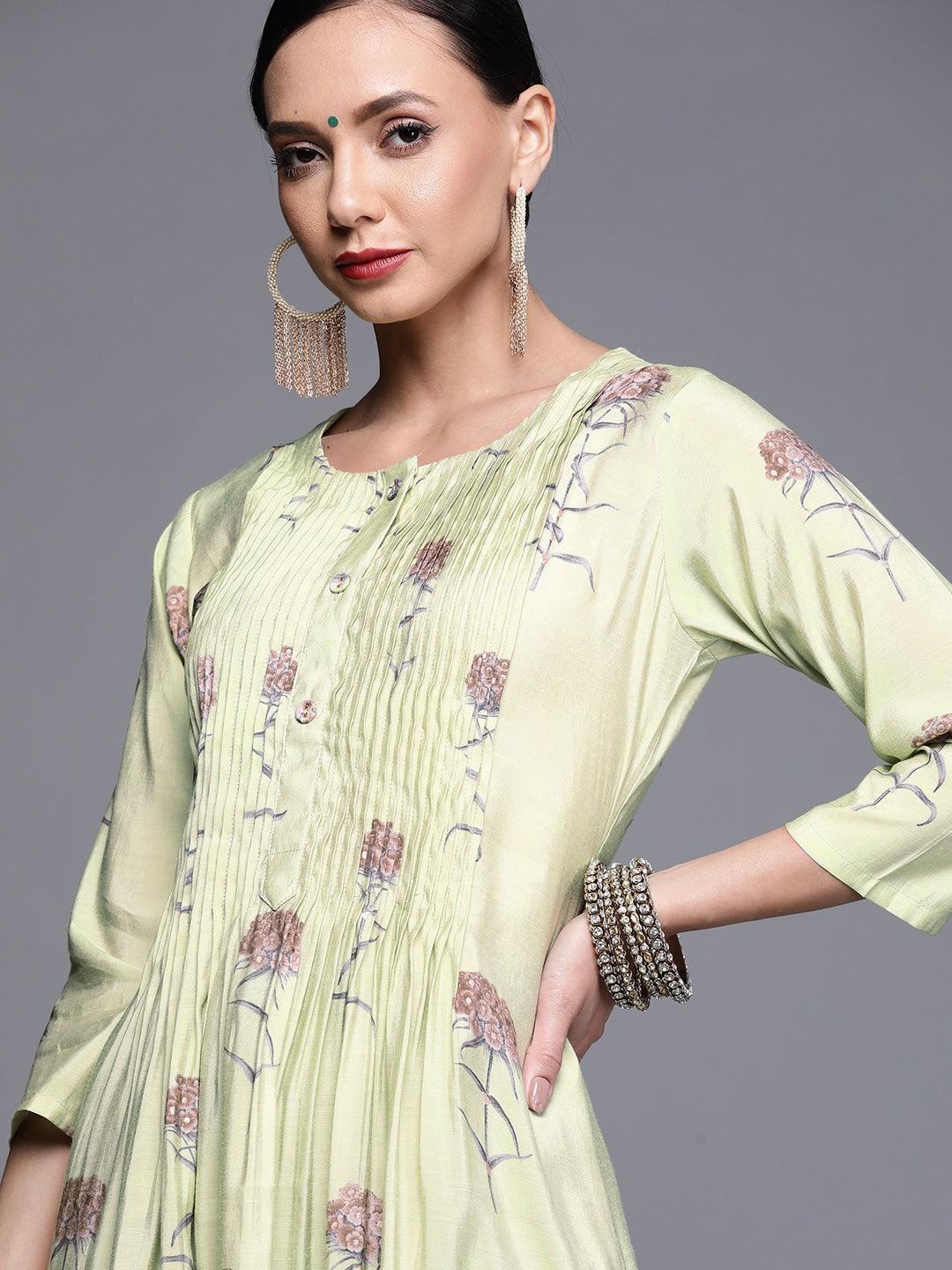 Green Printed Chanderi Silk Kurta - ShopLibas