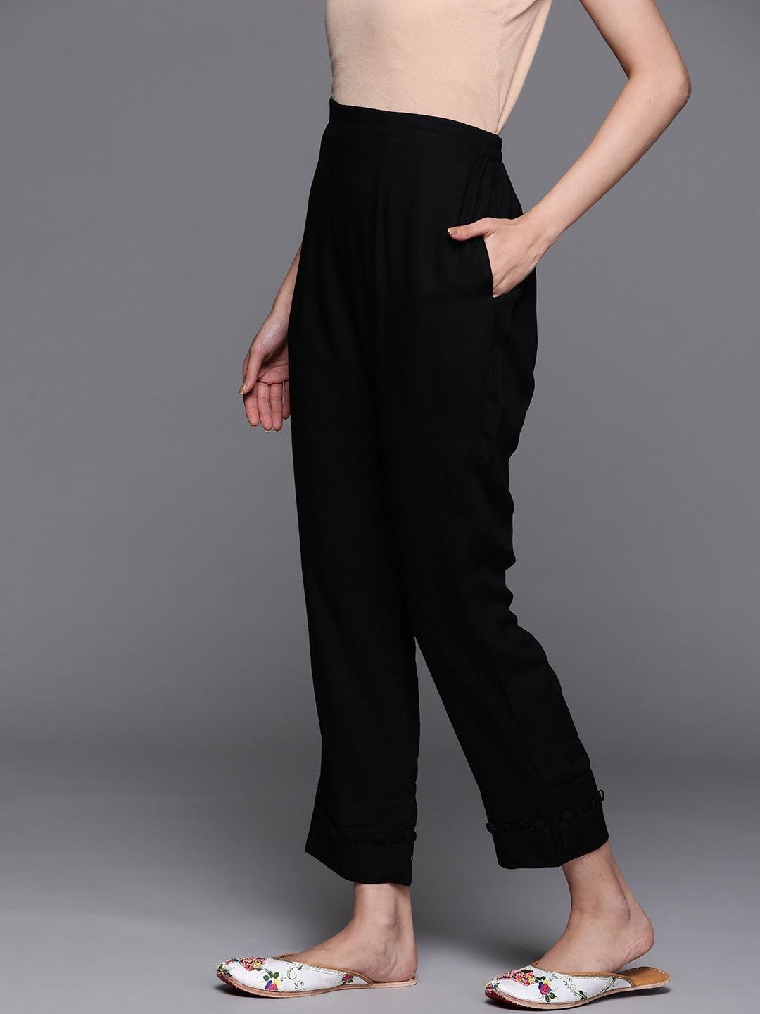 Black Solid Rayon Trousers - ShopLibas