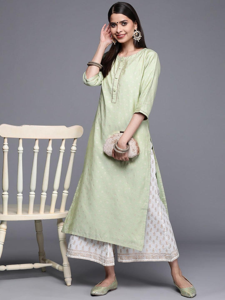 Green Woven Design Chanderi Silk Kurta - ShopLibas