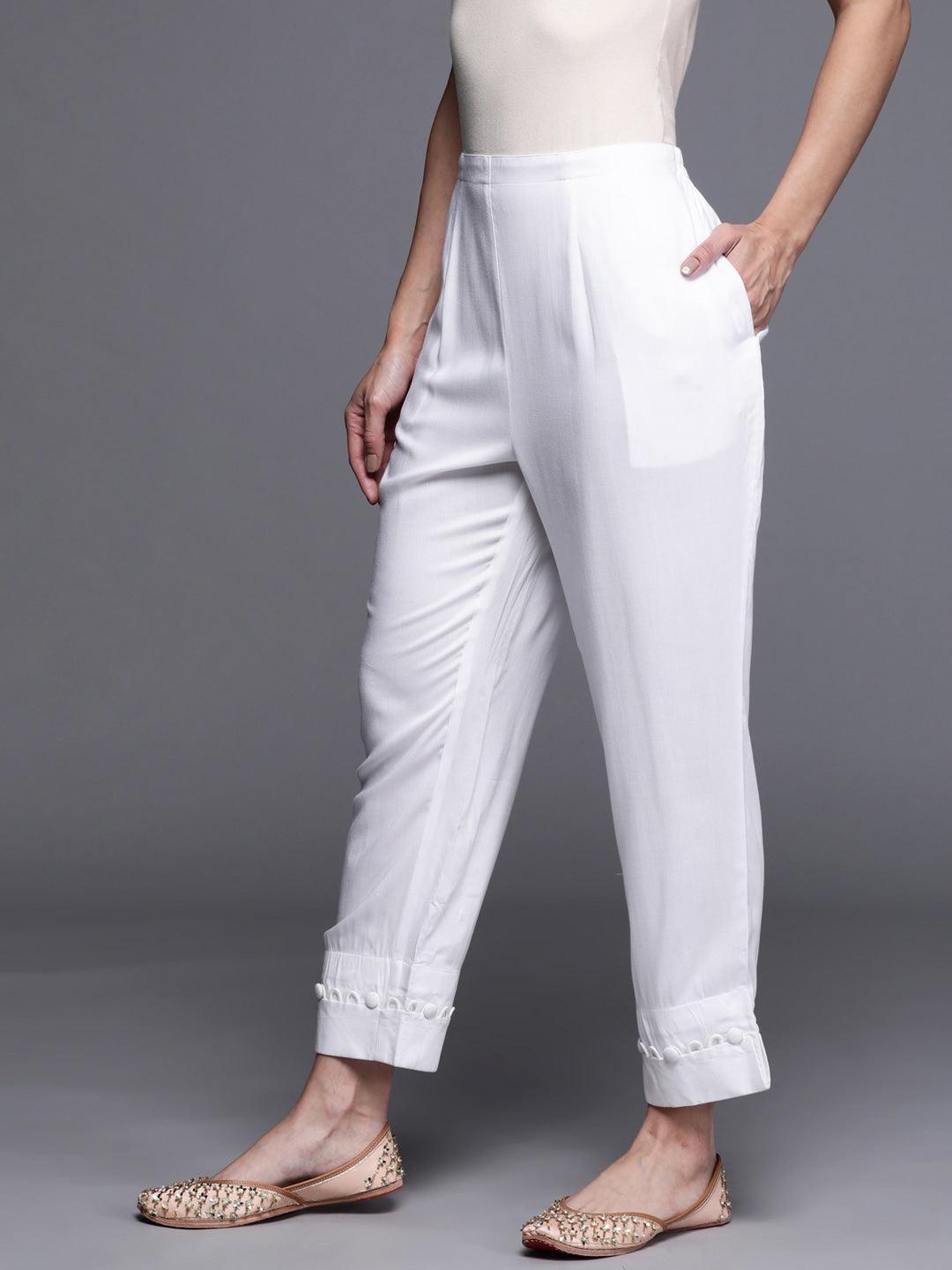 White Solid Rayon Trousers - ShopLibas