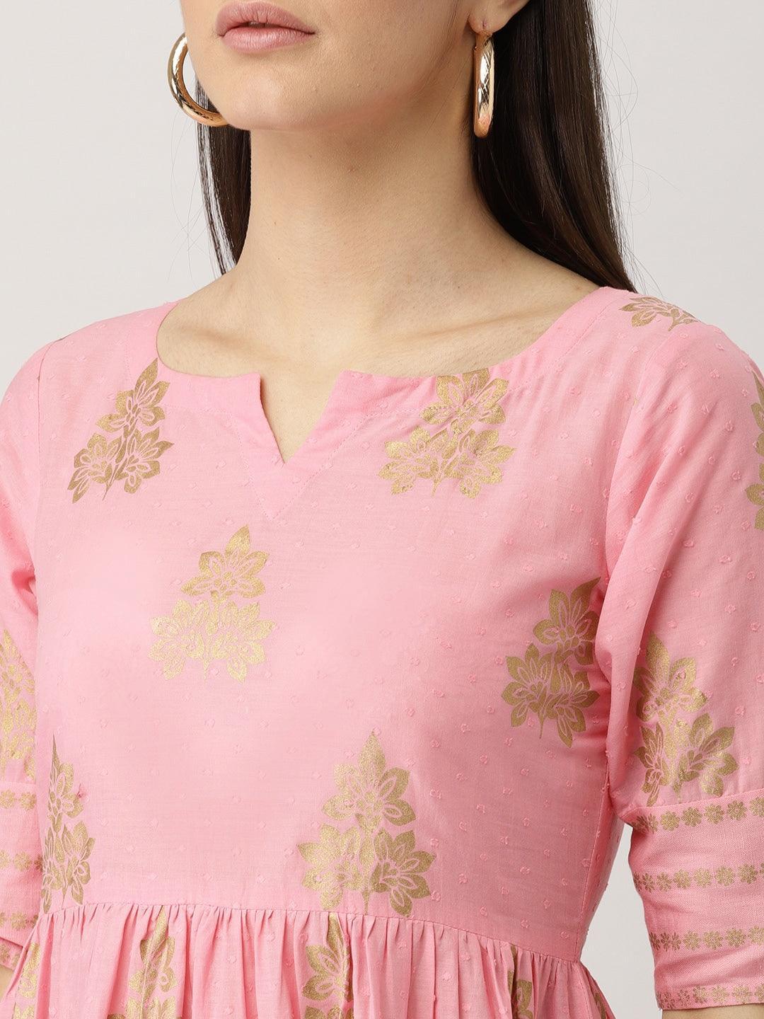 Pink Printed Cotton Kurta Set