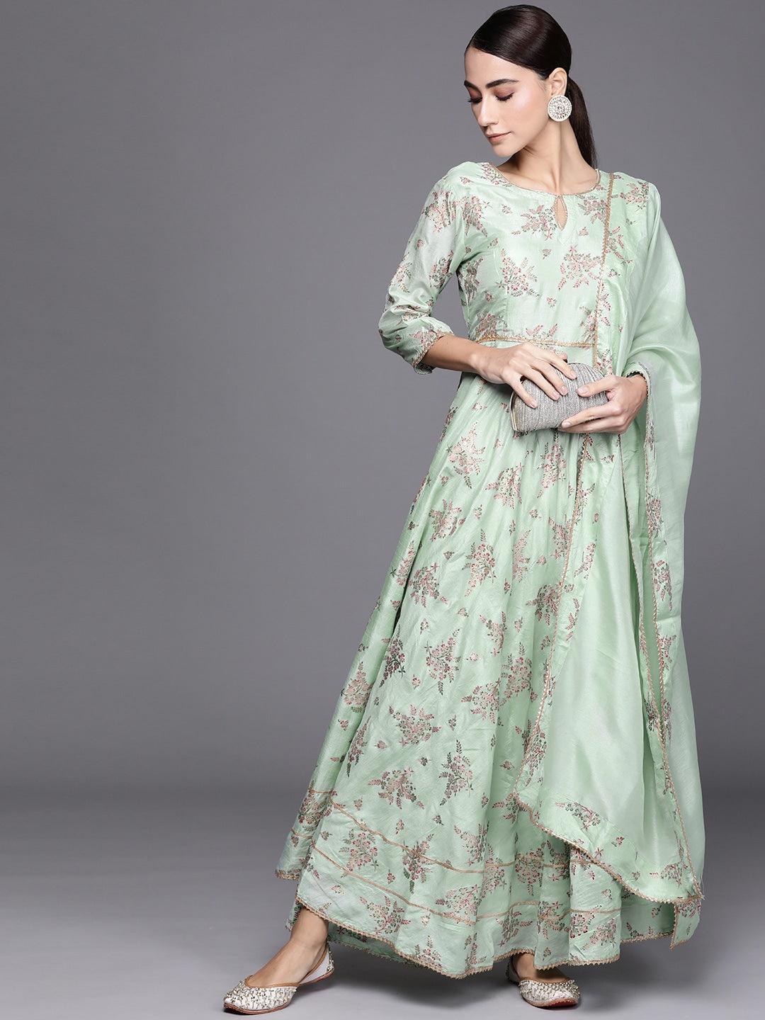 Green Printed Silk Blend Anarkali Dress With Dupatta