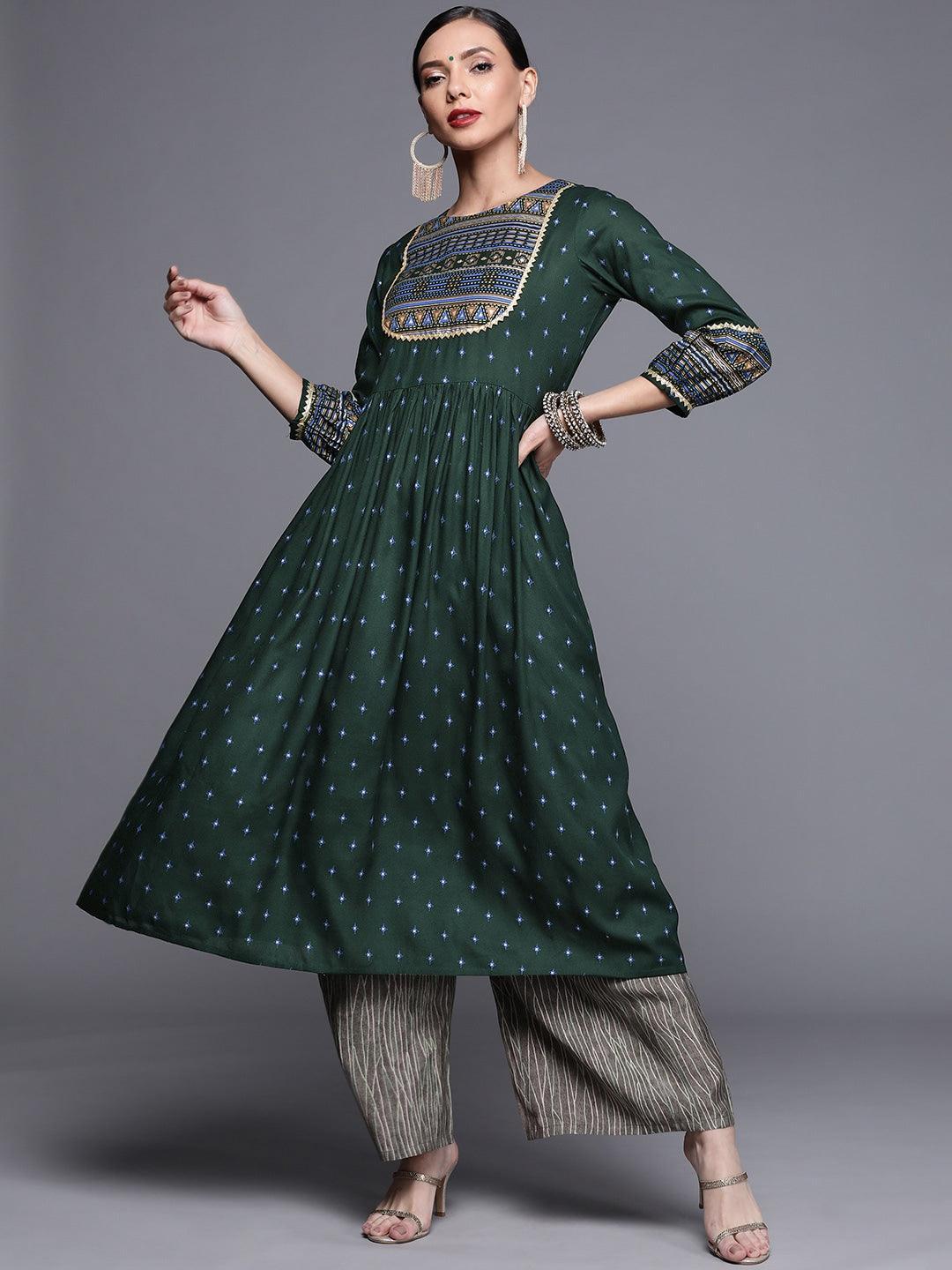 Green Printed Rayon Kurta - ShopLibas