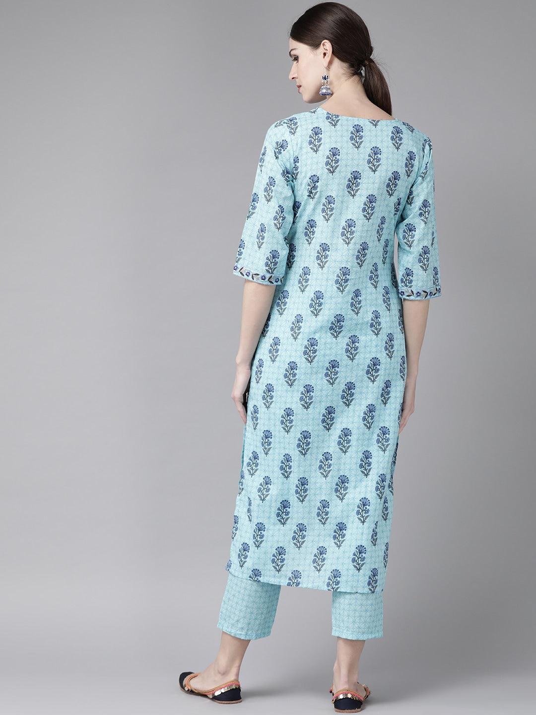 Blue Printed Cotton Kurta Set