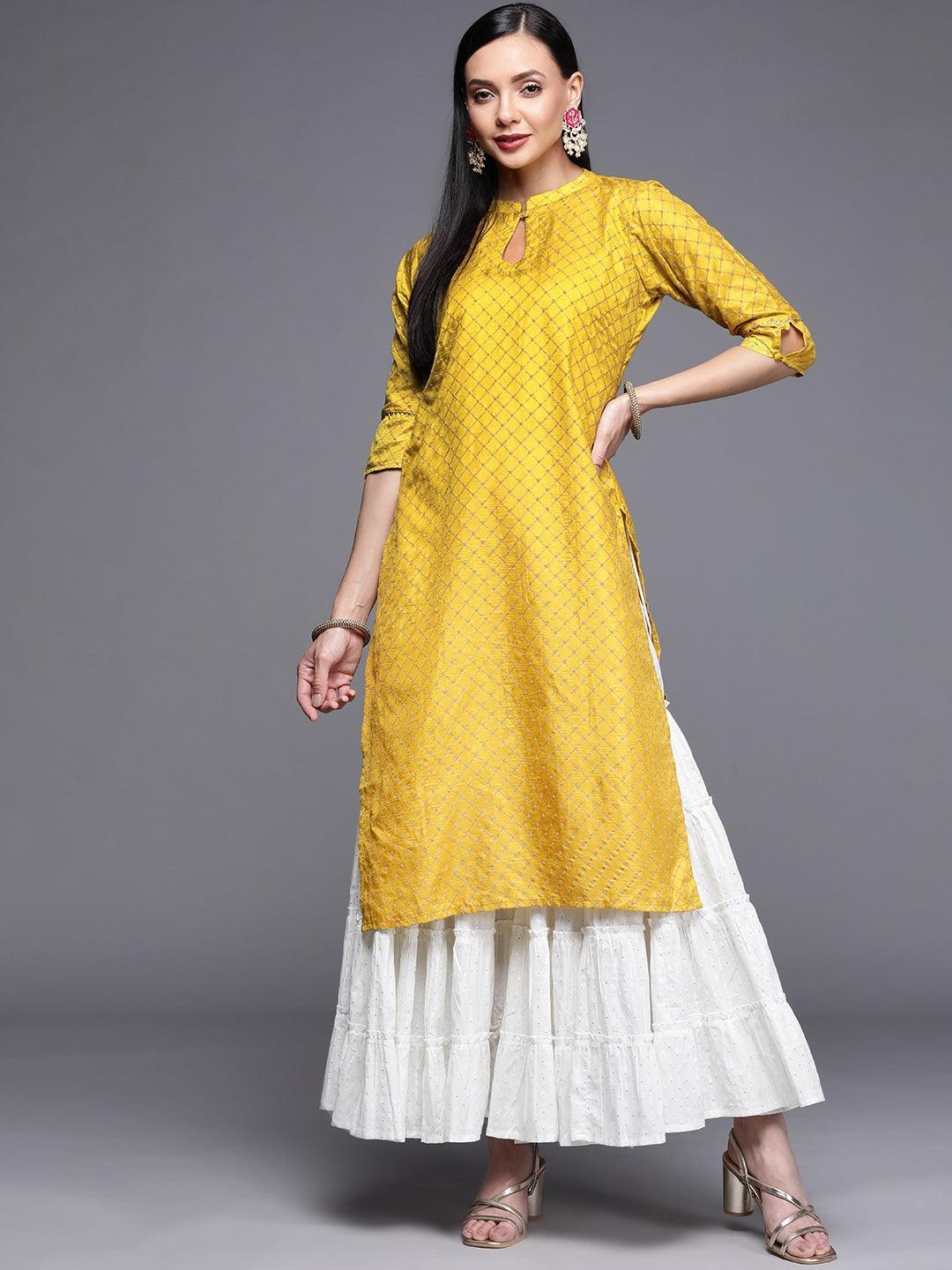 Yellow Printed Chanderi Silk Kurta - ShopLibas