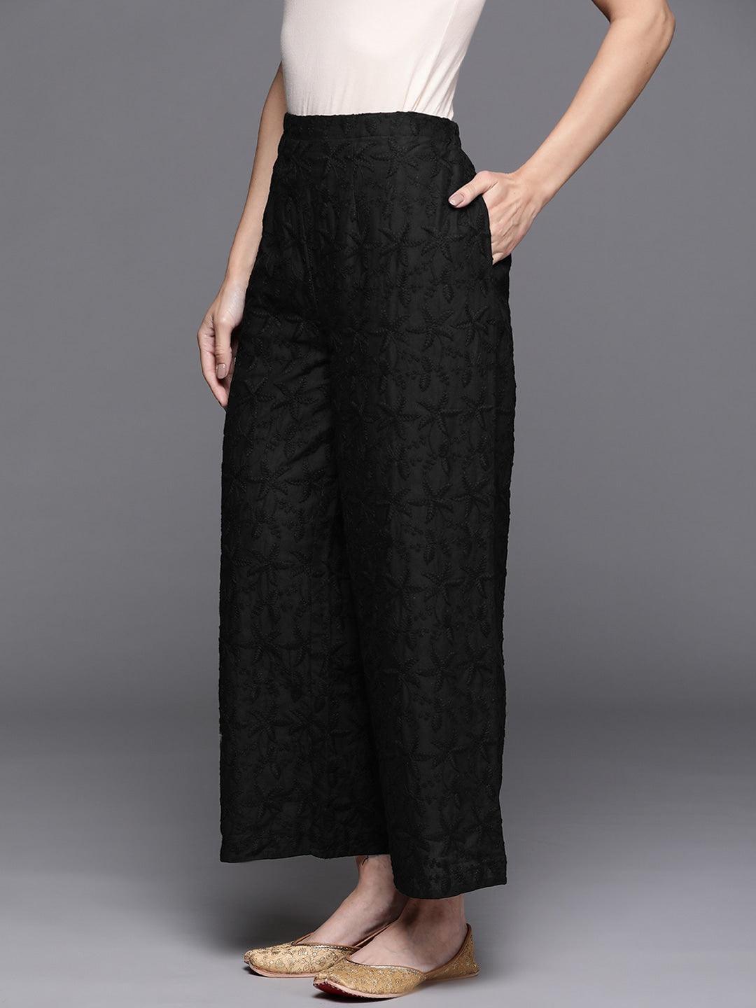 Black Embroidered Cotton Palazzos