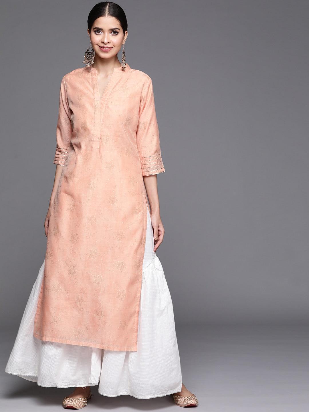 Peach Printed Chanderi Silk Kurta