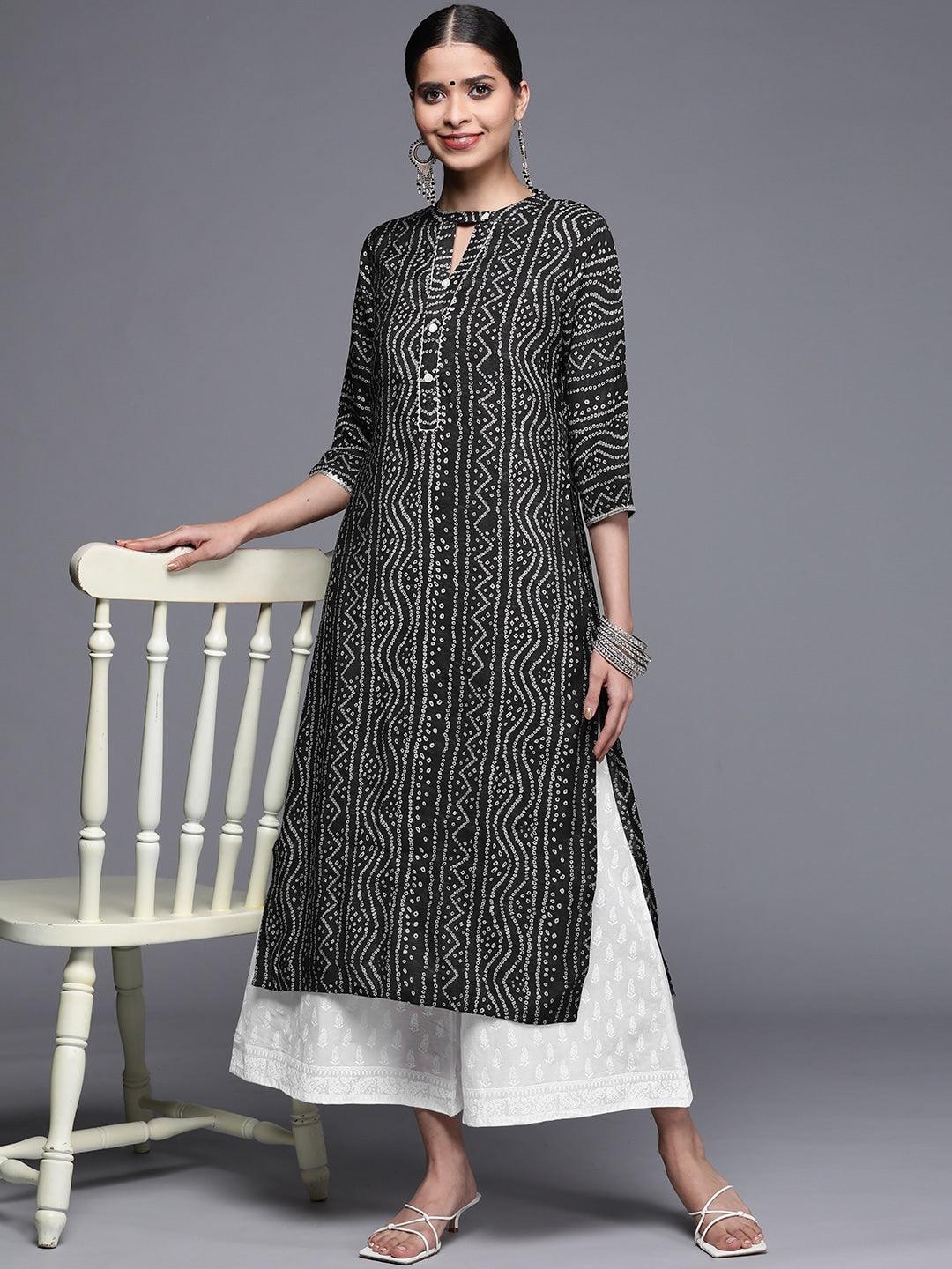 Black Printed Chanderi Silk Kurta - ShopLibas