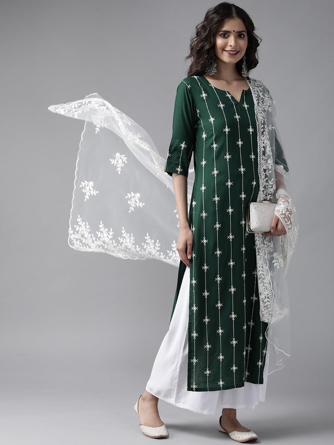 Green Embroidered Rayon Suit Set