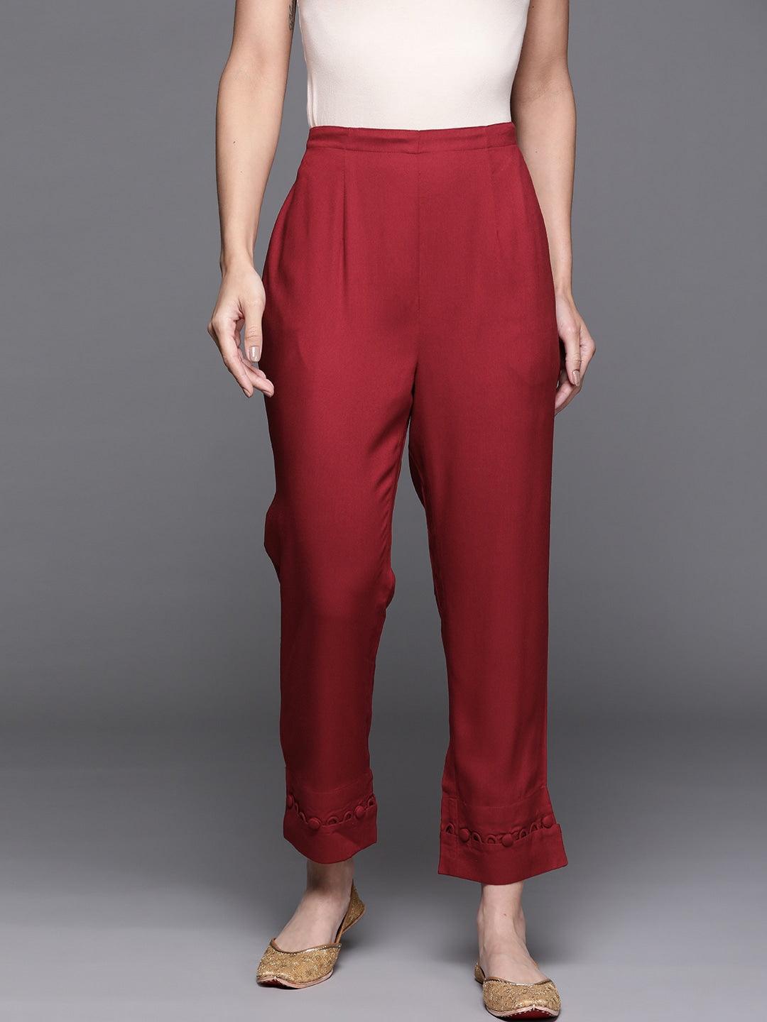 Maroon Solid Rayon Trousers - ShopLibas