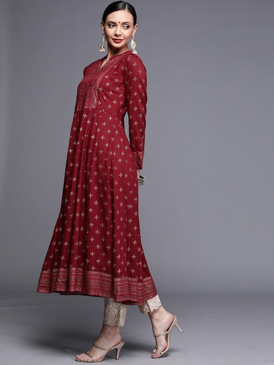 Maroon Printed Rayon Kurta - ShopLibas