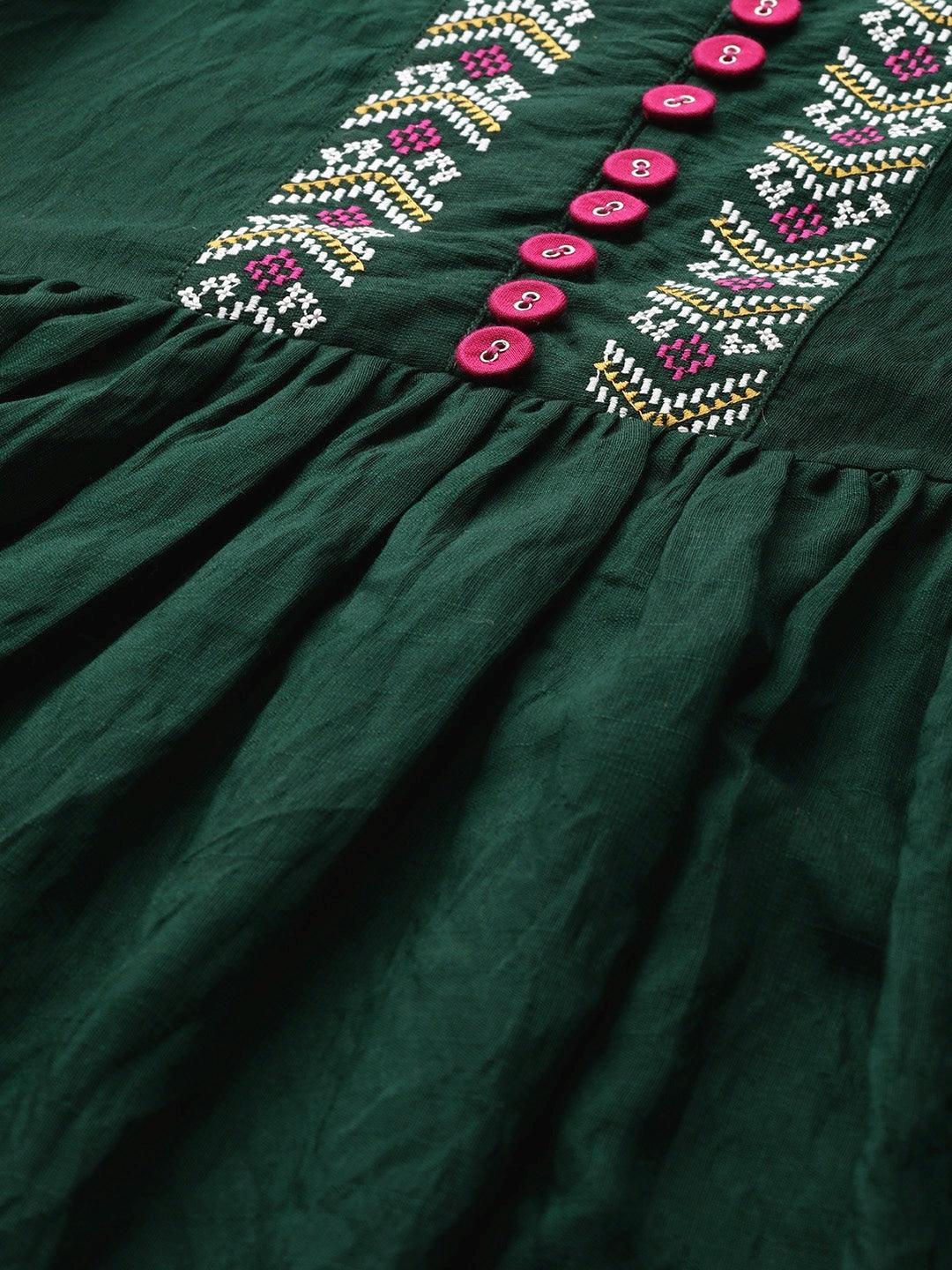 Green Embroidered Viscose Rayon Dress