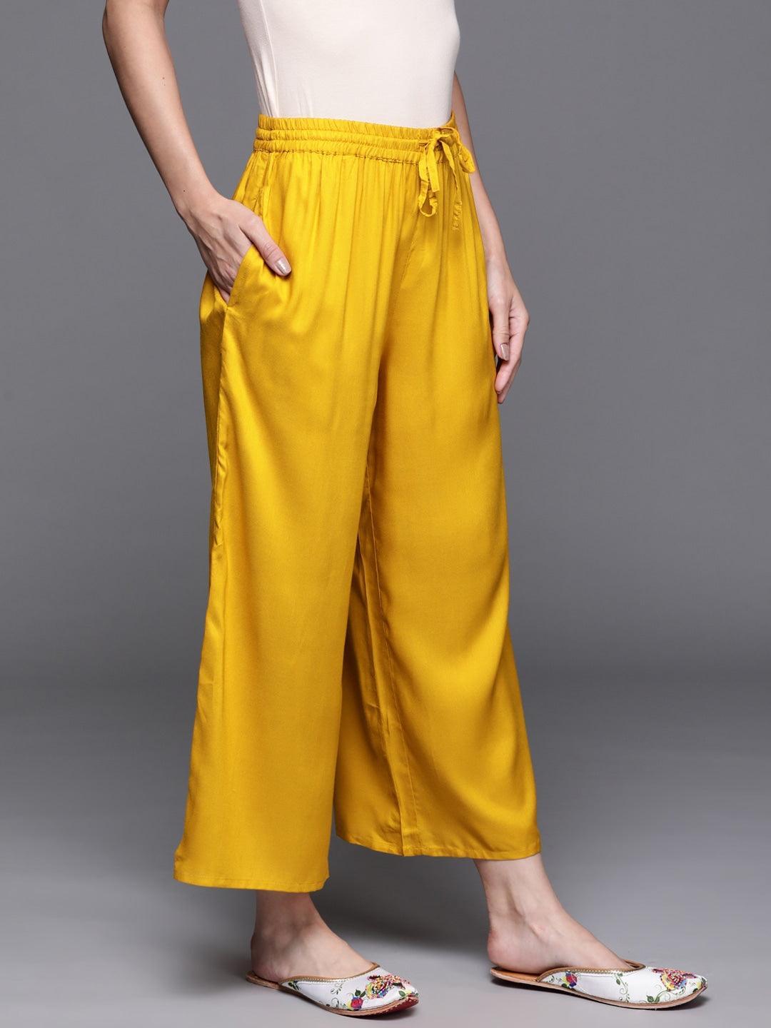 Yellow Solid Rayon Palazzos - ShopLibas