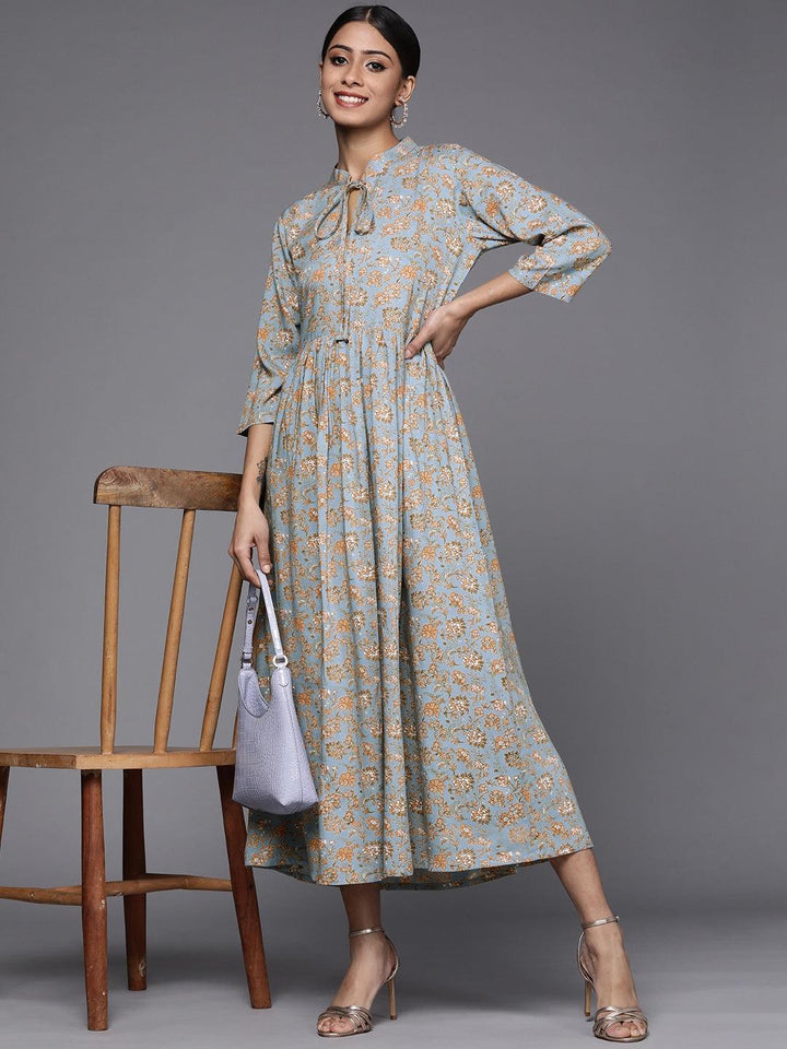 Blue Printed Rayon Maxi Dress - ShopLibas