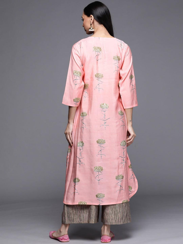 Pink Printed Chanderi Silk Kurta - ShopLibas