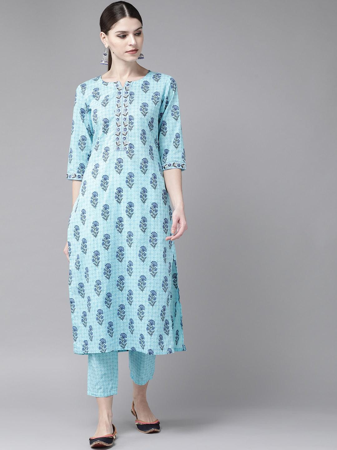 Blue Printed Cotton Kurta Set