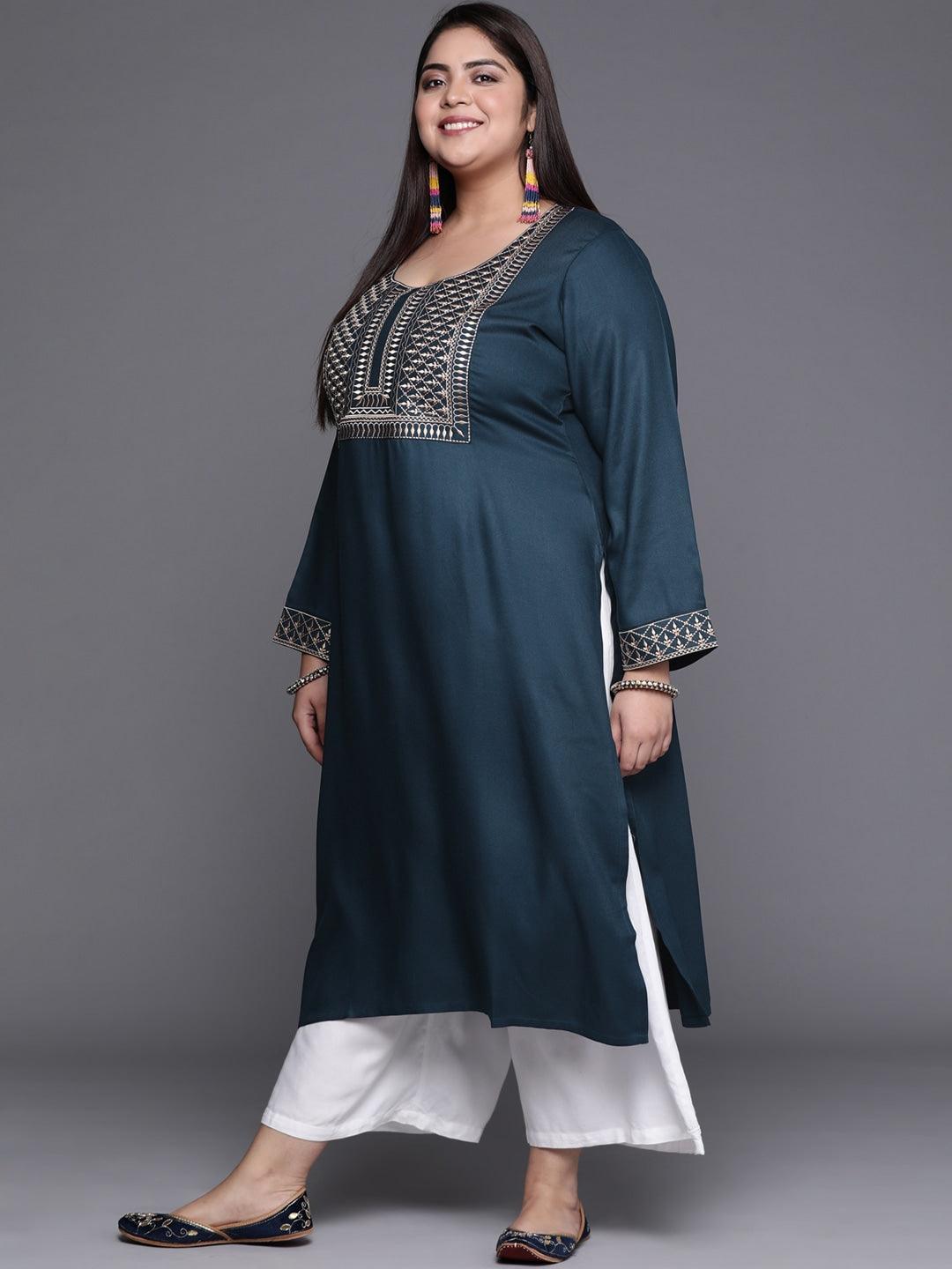 Plus Size Teal Blue Solid Wool Kurta