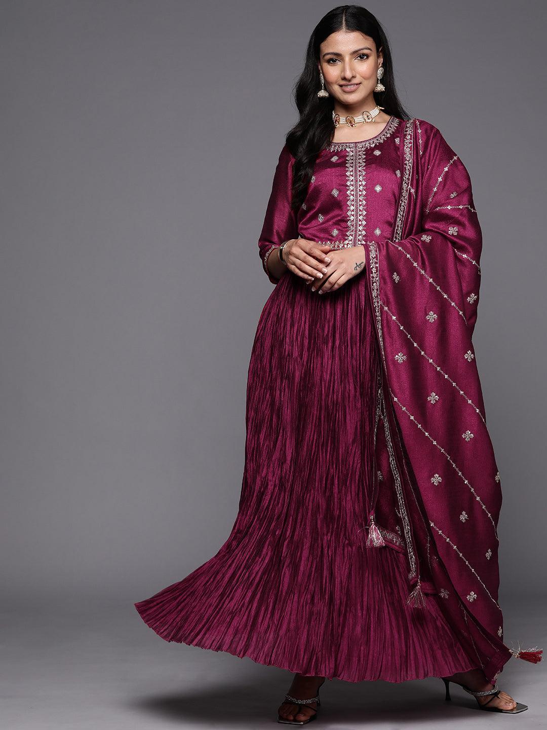 Fuchsia Embroidered Silk Blend Anarkali Suit Set With Trousers - ShopLibas