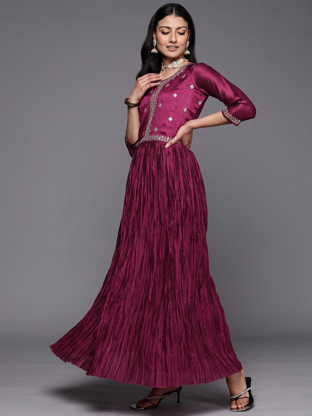 Fuchsia Embroidered Silk Blend Anarkali Suit Set With Trousers - ShopLibas